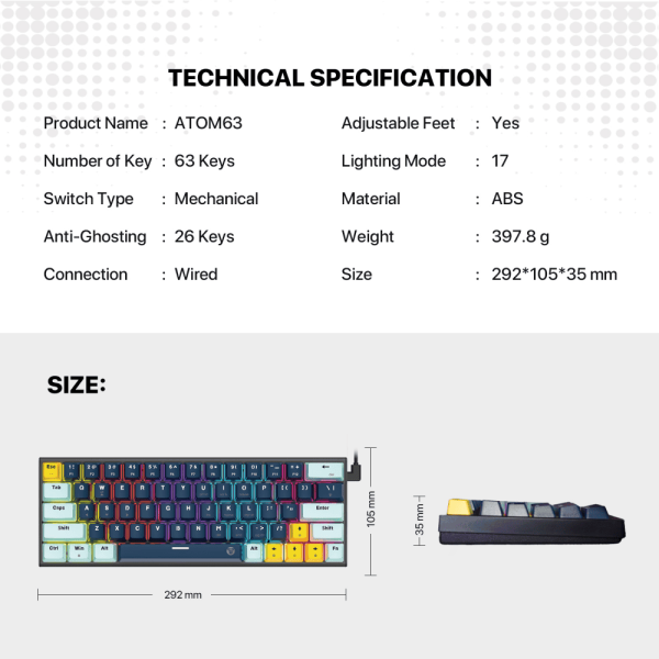 Tastatura Fantech MK874 Atom63 Skyblue Mehanička Žična belo-crna (blue switch) - Image 5